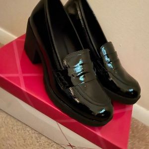 Black patent leather platform loafers